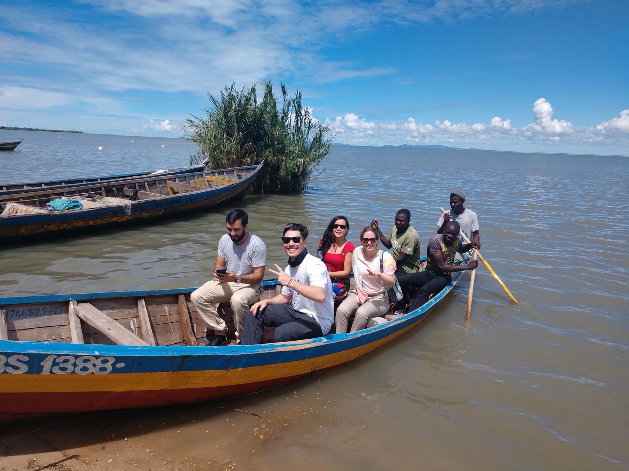 Travelers on traditional wooden boat on Lake Victoria, Tanzania